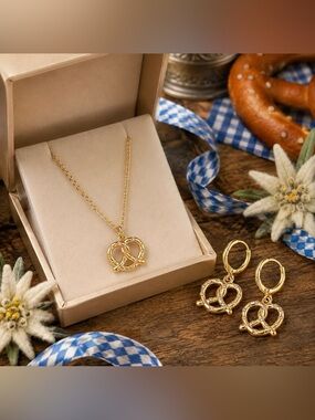 oktoberfest earrings for women, Gold Pretzel Pendant Set Beer Festival Gift